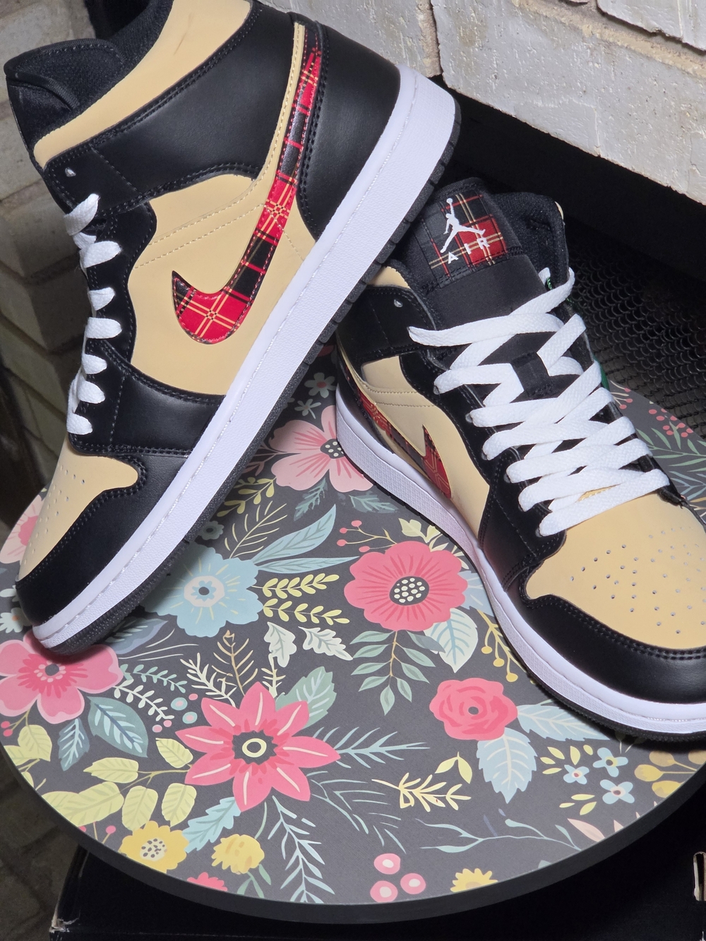 Brand New AJ-1-mid Sneakers in Black, Tan & Red Plaid
